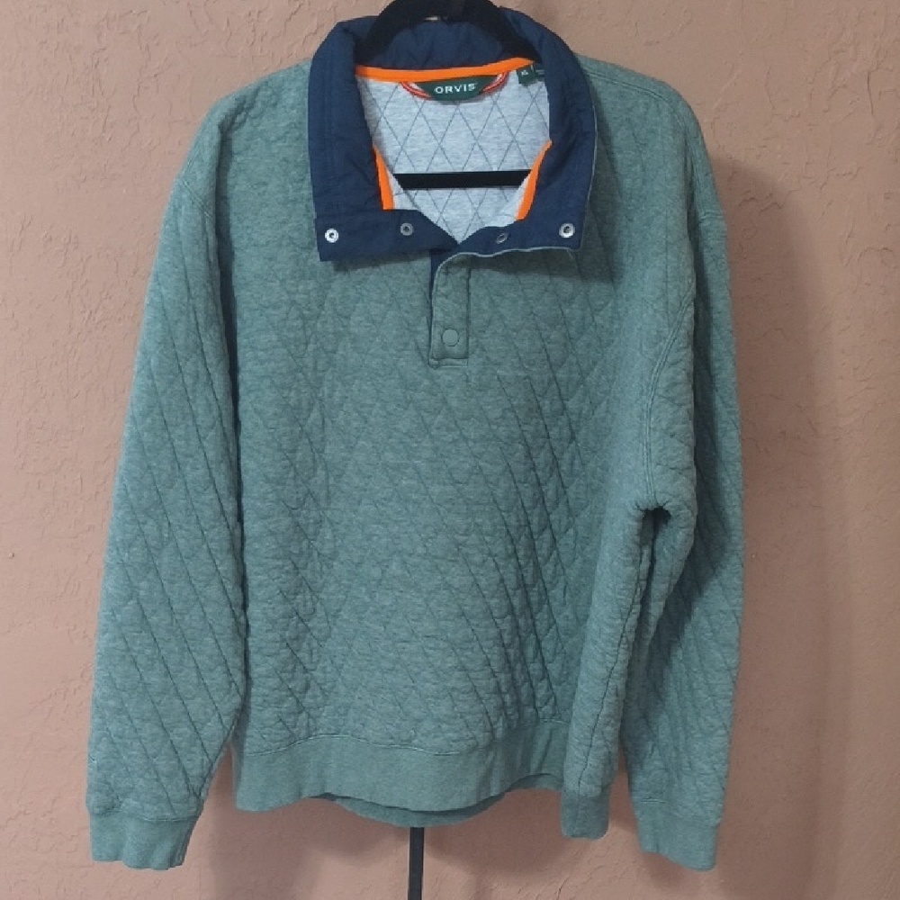 Orvis Men's Quilted Snap Pullover Henley Sweatshirt in Green with Navy Collar XL